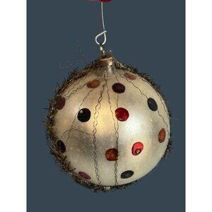 Vintage Germany Wire Wrapped Frosted White Glass Confetti Dot Ornament 2 1/2"